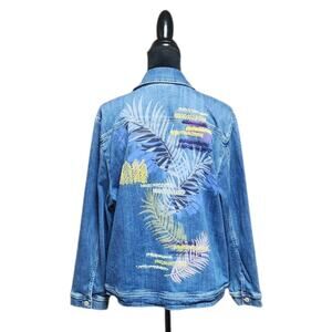 Chico's 4 Women's Blue Denim Jacket Collared Plus Size US 20/22 Leaf Embroidered